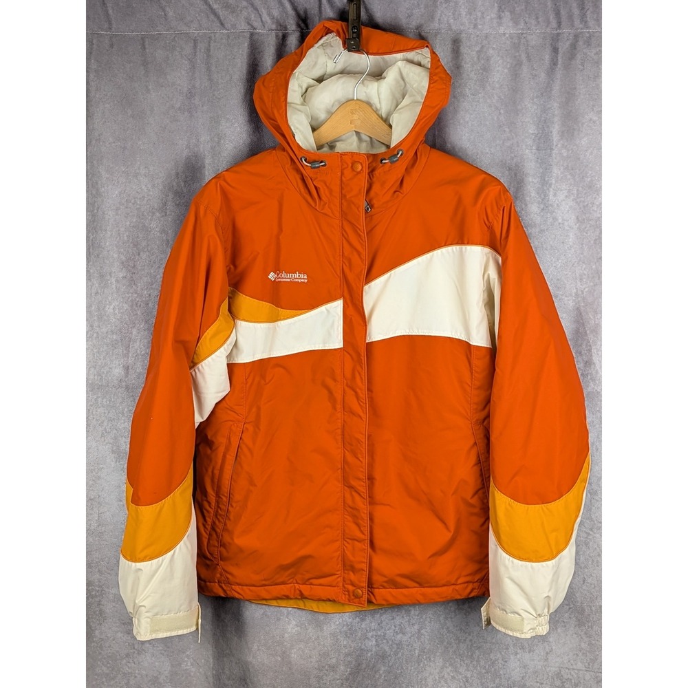 Columbia Women Orange Colorblock Hooded‎ Jacket Fleece Lined Large Vintage 90s